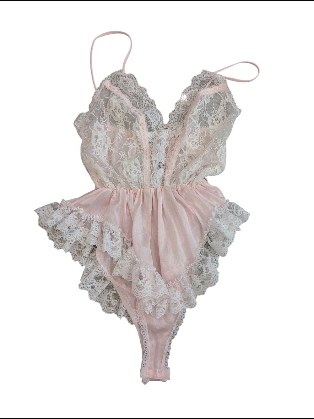 Vintage Pink Lace High Cut Teddy Bodysuit Large Sheer Coquette Floral Lingerie